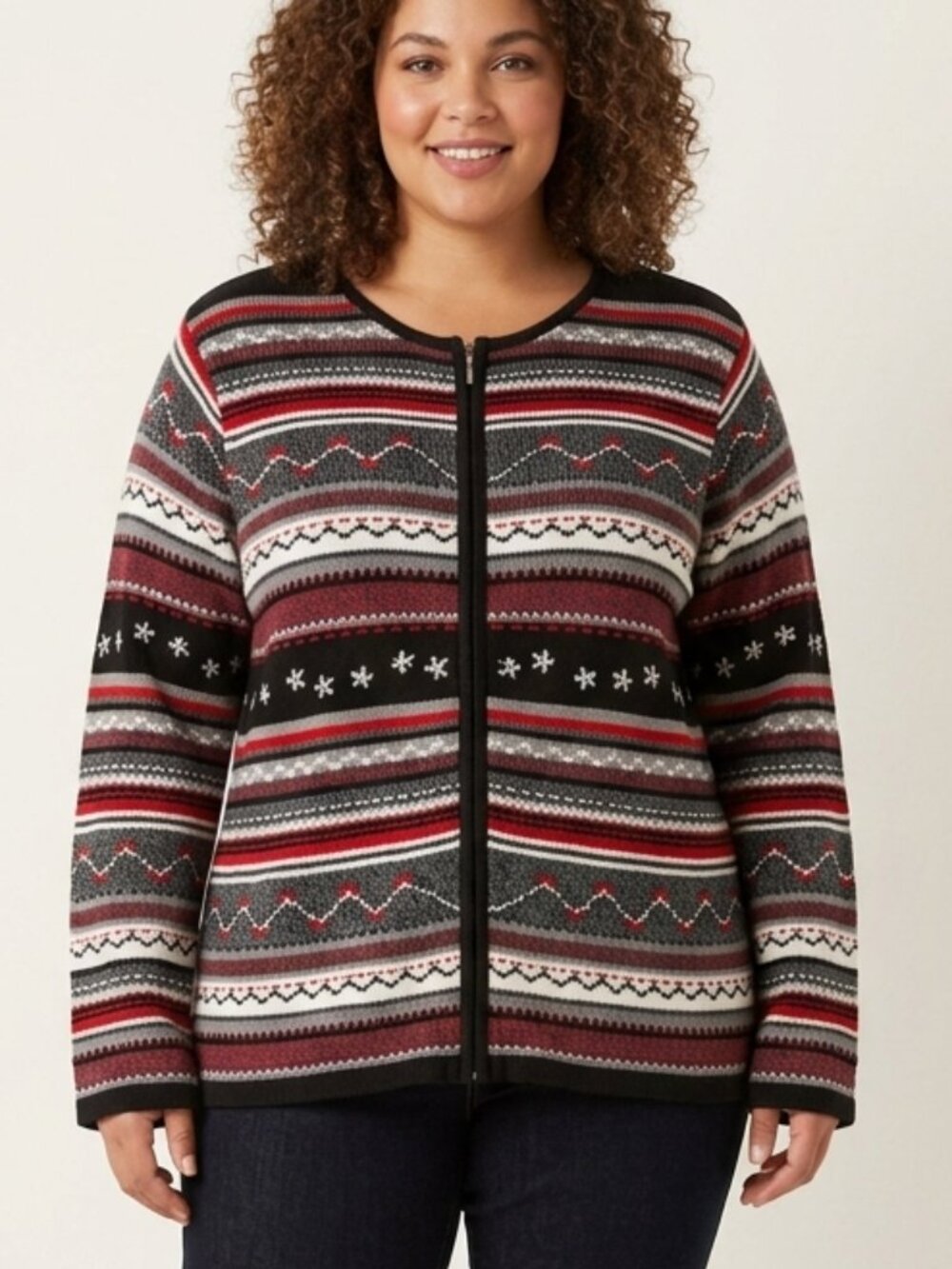 Nordic Fair Isle Full-Zip Cardigan Knit Sweater Black Red White Grey Size XL